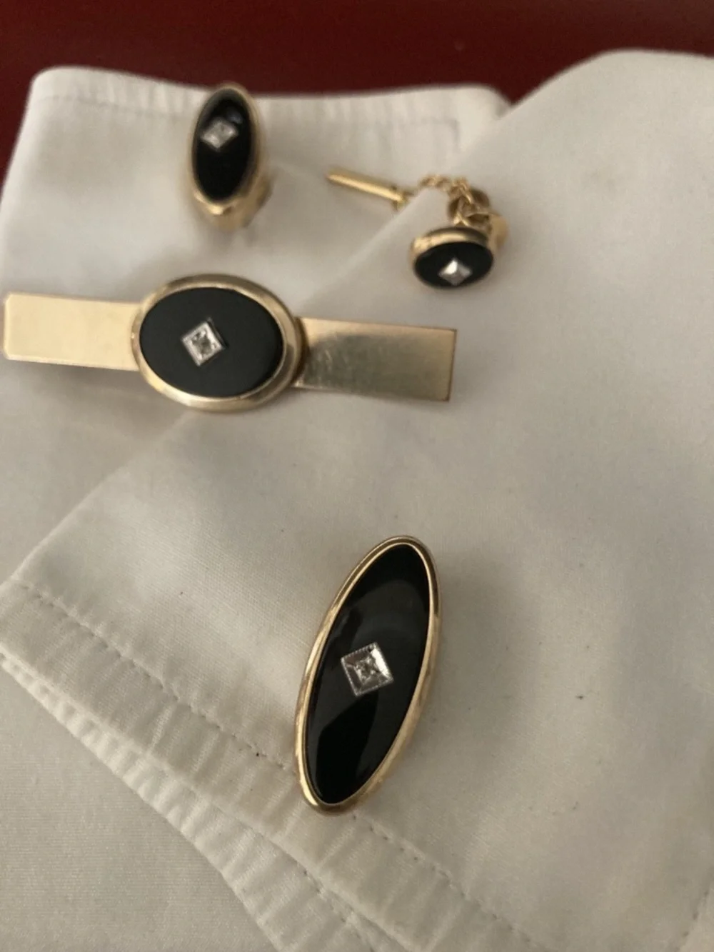 Vintage ANSON Black Onyx Crystal Cufflinks & Foster Tie Bar Set Gold Tone Tuxedo